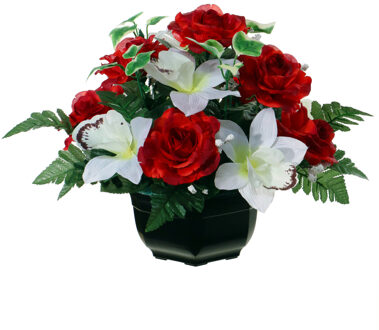 Louis Maes Kunstbloemen plantje orchidee/rozen in pot - kleuren rood/wit - 25 cm - Bloemstuk - met bladgroen