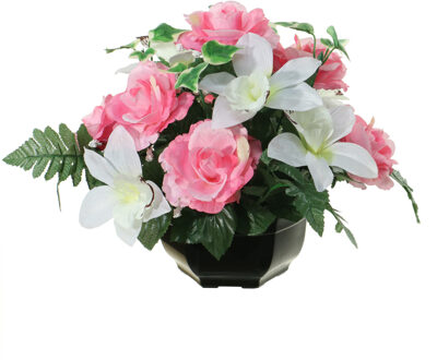 Louis Maes Kunstbloemen plantje orchidee/rozen in pot - kleuren roze/wit - 25 cm - Bloemstuk - bladgroen