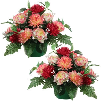 Louis Maes Kunstbloemen plantje ranonkels/asters in pot - 2x - multi kleuren - 25 cm - Bloemstuk - Bladgroen