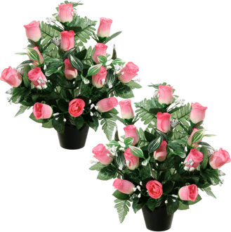 Louis Maes Kunstbloemen plantje rozen/gipskruid in pot - 2x - lichtroze - H35 cm - Bloemstuk - Bladgroen