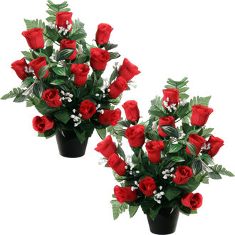 Louis Maes Kunstbloemen plantje rozen/gipskruid in pot - 2x - rood - H35 cm - Bloemstuk - Bladgroen