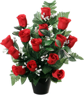 Louis Maes Kunstbloemen plantje rozen/gipskruid in pot - rood - H35 cm - Bloemstuk - Bladgroen