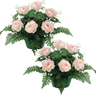 Louis Maes Kunstbloemen plantje rozen in pot - 2x - lichtroze - 25 cm - Bloemstuk ornament - met bladgroen