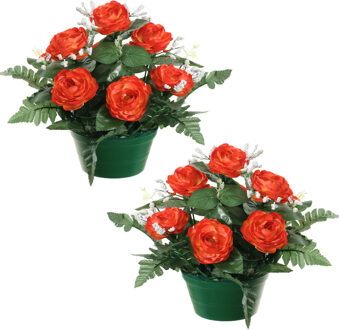 Louis Maes Kunstbloemen plantje rozen in pot - 2x - rood - 25 cm - Bloemstuk ornament - met bladgroen