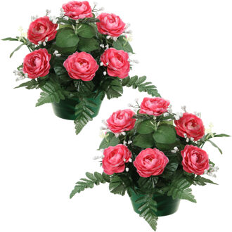 Louis Maes Kunstbloemen plantje rozen in pot - 2x - roze - 25 cm - Bloemstuk ornament - met bladgroen
