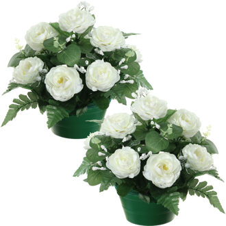 Louis Maes Kunstbloemen plantje rozen in pot - 2x - wit - 25 cm - Bloemstuk ornament - met bladgroen