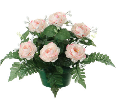 Louis Maes Kunstbloemen plantje rozen in pot - lichtroze - 25 cm - Bloemstuk ornament - met bladgroen