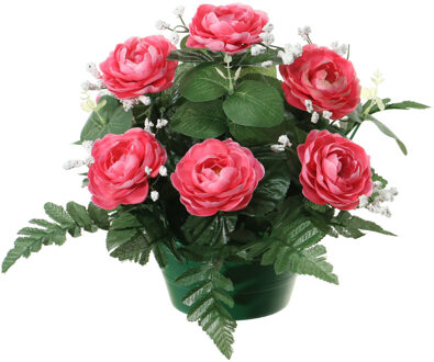 Louis Maes Kunstbloemen plantje rozen in pot - roze - 25 cm - Bloemstuk ornament - met bladgroen