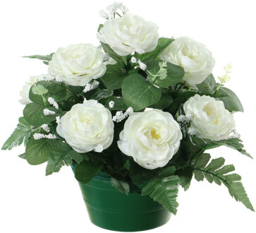 Louis Maes Kunstbloemen plantje rozen in pot - wit - 25 cm - Bloemstuk ornament - met bladgroen