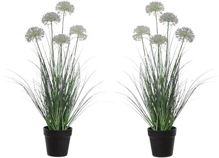Louis Maes kunstplant - 2x - Siergras Allium - paars/groen - H75 cm - in pot