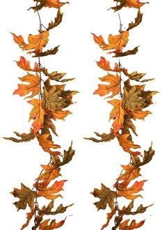 Louis Maes kunstplant blaadjes slinger/guirlande Esdoorn - 2x - groen/wit - 180 cm - herfst tafereel