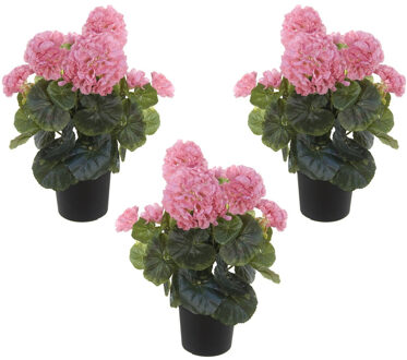 Louis Maes Kunstplant - Set van 3x stuks - Geranium - roze - in zwarte pot - 35 cm