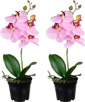 Louis Maes Orchidee bloemen kunstplant op plug - 2x - bloemen/bloemetjes - roze/groen - H33 cm