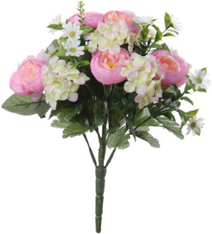 Louis Maes Roze hortensia/ranonkel Hydrangea/Ranunculus mix boeket kunstbloemen 35 cm