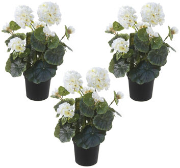Louis Maes Set van 3x stuks witte geranium Pelargonium Graveolens kunstplanten in zwarte kunststof pot 35 cm
