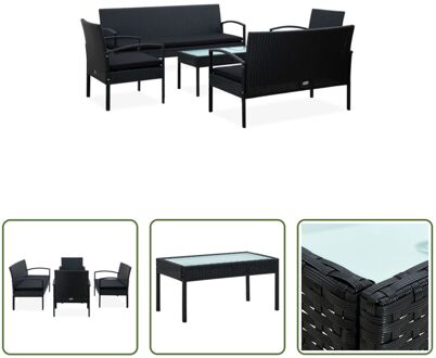 Lounge Poly Rattan Set - 5-delig - Zwart - 155 x 58 x 72 cm - Inclusief kussens