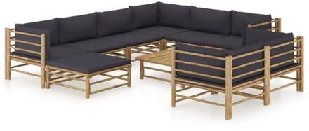 Lounge set Bamboe - Modulair - Donkergrijs kussen - 5 hoekbank - 3 middenbank - voetenbank - tafel