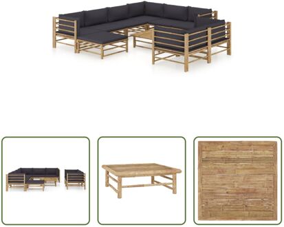 Lounge set Bamboe - Modulair - Donkergrijs kussen - 5 hoekbank - 3 middenbank - voetenbank - tafel