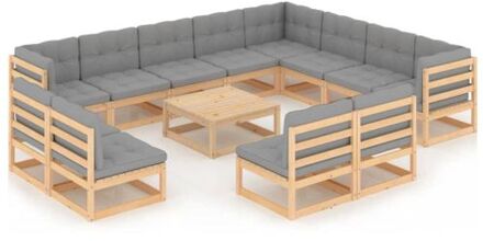 Lounge set - Grenenhout - 3 hoekbank - 9 middenbank - 1 tafel - Grijs kussen - 70 x 70 x 67 cm - 100%