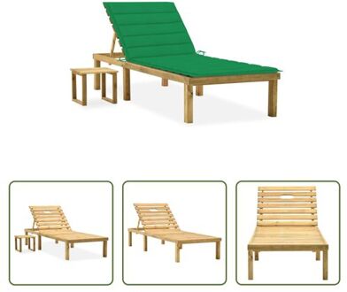 Loungebed - Grenenhout - Verstelbare rugleuning - Inclusief kussen en tafel - Groen - 200x70x31.5-77cm