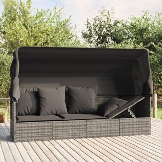 Loungebed - Grijs - PE-rattan - Inklapbare luifel - Stabiel frame - Comfortabele kussens