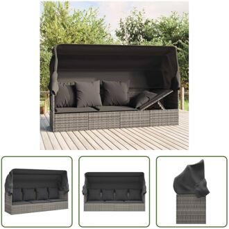 Loungebed - Grijs - PE-rattan - Inklapbare luifel - Stabiel frame - Comfortabele kussens