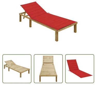 Loungebed - Hout - Verstelbare rugleuning - Geïmpregneerd grenenhout - Rood kussen - 200 x 70 x