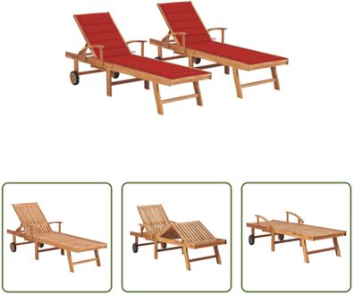 Loungebed Houten - Teakhout - Gelat ontwerp - 195x59.5 cm - Verstelbare rugleuning - Inclusief kussen Rood