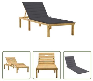 Loungebed - Houten - Verstelbare rugleuning - Incl - kussen - 200x70x(31.5-77)cm Grijs