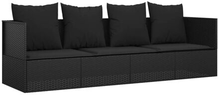 Loungebed met kussens poly rattan zwart