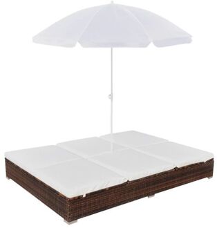 Loungebed met parasol poly rattan bruin