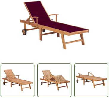 Loungebed Teakhouten Ligstoel - 195x59.5cm - 4 Standen - Inclusief Kussen Rood