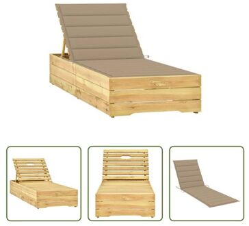 Loungebed Tuin - Grenenhout - Verstelbare Rugleuning - Beige Kussen - 198x68x(28-75) cm