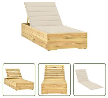 Loungebed Tuin - Houten - 198 x 68 x (28 - 75) cm - Verstelbare rugleuning - Inclusief kussen - Crème