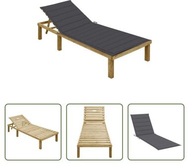 Loungebed Tuinmeubelen - 200x70cm - Verstelbare rugleuning - Grenenhout - Antraciet kussen Grijs