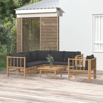 Loungeset Bamboe - 2x middenbank 3x hoekbank 1x stoel 1x tafel - donkergrijs kussen Bruin