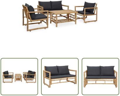 Loungeset Bamboe - Bank 115x65x71 - 2 stoelen 60.5x65x71.5 - Tafel 90x49.5x45 - Donkergrijs kussen