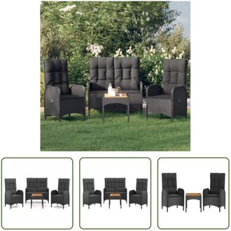 Loungeset Black - PE-rattan met stalen frame - verstelbaar - inclusief tafel en kussens Zwart