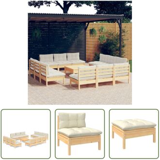 Loungeset Grenenhout - 12x Middenbank - 1x Voetenbank/Tafel - Crème Kussen - 63.5x63.5x62.5 cm