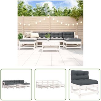 Loungeset Grenenhout - 2x middenbank - 2x tuinstoel - 3x voetensteun/salontafel - Antraciet kussens Wit