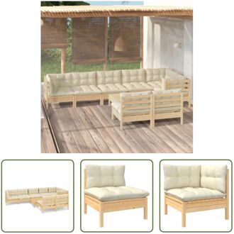 Loungeset Grenenhout - 3 hoekbank 5 middenbank 1 voetenbank/tafel - Crème kussen - 63.5x63.5x62.5cm