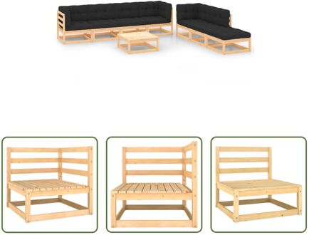 Loungeset - Grenenhout - 3 middenbanken + 3 hoekbanken + tafel + voetenbank + 7 zitkussens + 9 Grijs