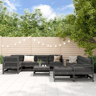Loungeset - Grenenhout - 3x middenbank - 5x tuinstoel - 2x voetenbank/salontafel - 10x zitkussen - 8x Grijs