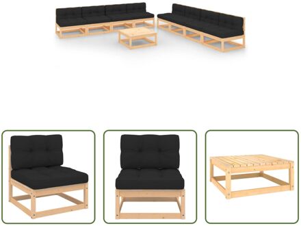 Loungeset - Grenenhout - Antraciet kussen - Middenbank- 70x70x67cm - Voetenbank- 70x70x30cm - Grijs