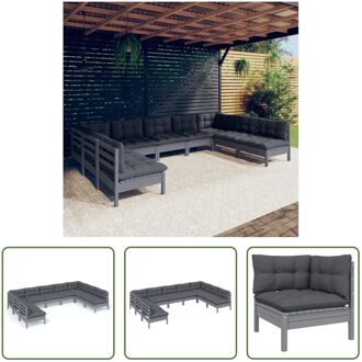 Loungeset Grenenhout - Grijs - 2 hoekbank 7 middenbank 9 zitkussen 11 rugkussen - 63.5x63.5x62.5cm