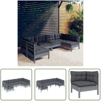 Loungeset Grenenhout - Grijs - 2 hoekbanken - 4 middenbanken - Zitkussen 60x60x5cm - Rugkussen