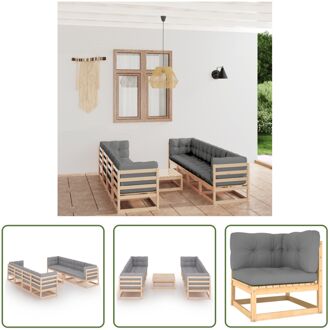 loungeset - Grenenhout - Grijs kussen - Hoek/middenbank- 70x70x67cm - Tafel- 70x70x30cm - Zitkussen