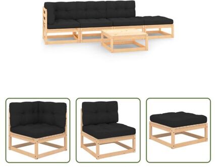 Loungeset Grenenhout - Hoekbank - 2 Middenbanken - 2 Voetenbanken - Antraciet Kussen 70x70x67 cm Grijs