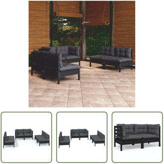 Loungeset - Grenenhout - Hoekbank 63.5x63.5x62.5 cm - Middenbank 63.5x63.5x62.5 cm - Zitkussen 60x60x5 Zwart