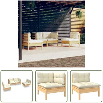 Loungeset Grenenhout - Hoekbank 63.5x63.5x62.5cm - Middenbank 63.5x63.5x62.5cm - Crème Kussens